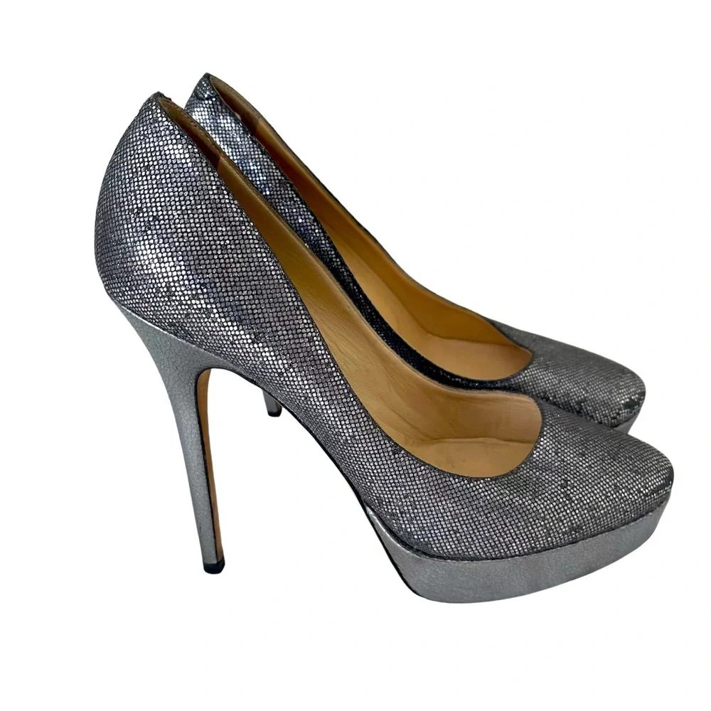 Jimmy Choo Eros Silver Metallic Sparkle Platform Pumps Heels EU 40 US si…